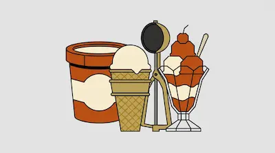 An ice cream tub, a cone with a scoop, a metal scoop, and a sundae topped with a cherry.