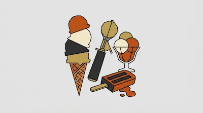 A multi-scoop ice cream cone, a sundae, a popsicle, and an ice cream scoop tool.