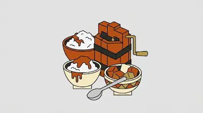 A wooden crank machine stands behind bowls of white food topped with brown sauce and a bowl of brown cubes with a spoon.