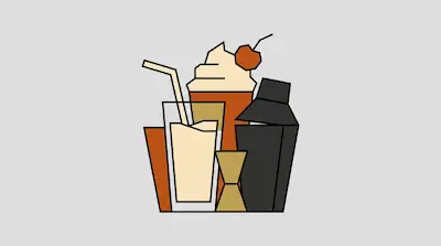 Flat illustration of a milkshake with a cherry, a cocktail shaker, and a jigger on a light gray background