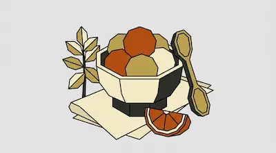 A bowl of round food items sits on napkins next to a spoon, an orange slice, and a leafy sprig.