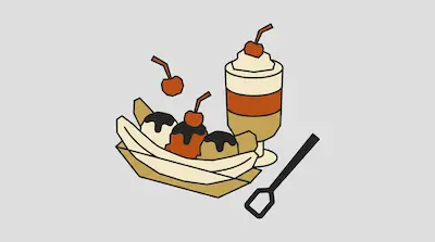 Flat illustration of a banana split with chocolate sauce, a layered milkshake, and a spoon on a light gray background