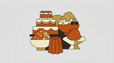 Flat illustration of a tiered cake, bowls of shaved ice, and a fluted pastry in orange and tan tones.