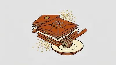 Flat illustration of layered baklava pastries topped with nuts next to a honey dipper on a light grey background