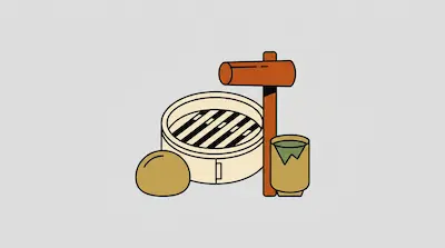 Flat illustration of a bamboo steamer basket, a round bun, and a wooden mallet on a light gray background