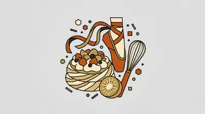 A round pavlova topped with cream and berries, a ballet slipper with long ribbons, a whisk, and half a kiwifruit.