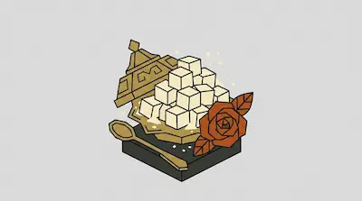 Flat illustration of a pile of sugar cubes on a gold tray with a brown rose and a spoon on a grey background