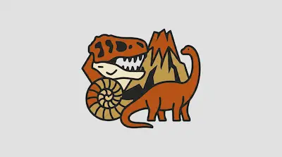 Flat illustration of a Tyrannosaurus skull, a long-necked dinosaur, and a volcano on a light gray background