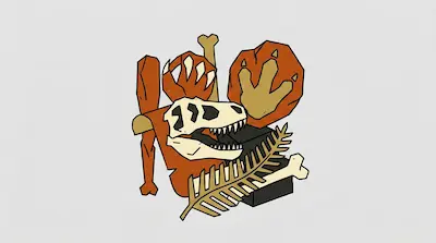 Flat illustration of a dinosaur skull, a fossilized footprint, and ancient bones on a light gray background