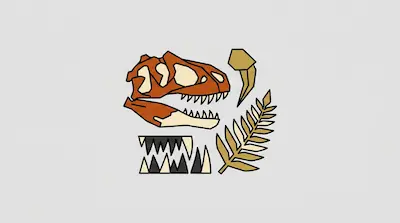 Flat illustration of a dinosaur skull, a sharp claw, and a fern leaf in earthy tones on a light gray background