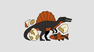 Flat illustration of a Spinosaurus dinosaur with a large orange sail, a cracked egg, and a fish on a gray background