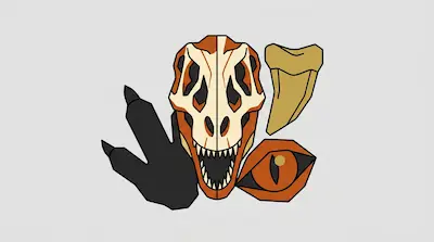 Flat illustration of a dinosaur skull, a large black footprint, a sharp tooth, and a reptilian eye on a gray background