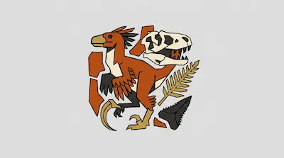 Flat illustration of a feathered raptor dinosaur next to a fossilized skull and fern leaf on a gray background