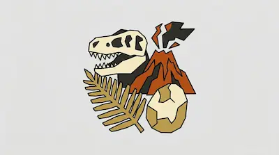 Flat illustration of a dinosaur skull, an erupting volcano, a fern leaf, and a cracked egg on a light gray background