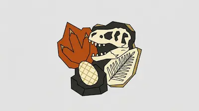 Flat illustration of a dinosaur skull, a fossilized leaf, and a patterned egg on a light gray background