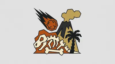 Flat illustration of a dinosaur skeleton, an erupting volcano, and a falling meteor on a light gray background