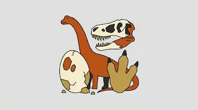Flat illustration of a long necked dinosaur, a cracked egg, a large footprint, and a skull on a gray background