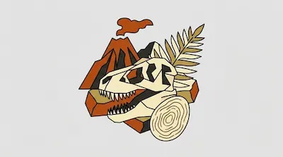 Flat illustration of a dinosaur skull, an erupting volcano, and a fern leaf in earthy tones on a light background