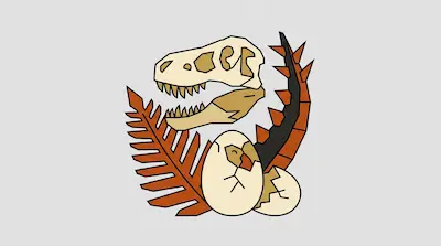 Flat illustration of a dinosaur skull, a hatching egg, and a brown fern leaf on a light grey background