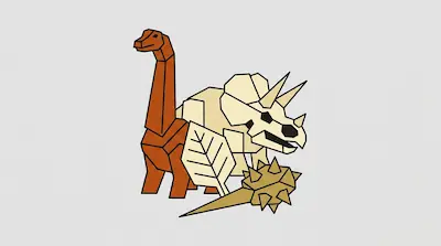 Flat illustration of a geometric orange long-neck dinosaur, a cream triceratops, and a spiked club on a gray background