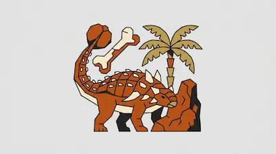 Flat illustration of a brown ankylosaurus dinosaur with a clubbed tail, a palm tree, and a large bone on a grey background