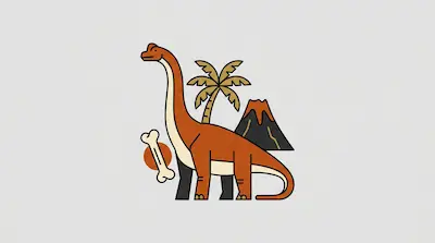 Flat illustration of a long-necked orange dinosaur standing by a palm tree, a volcano, and a bone on a gray background