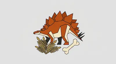 Flat illustration of a geometric orange stegosaurus standing near a fern and a large bone on a gray background