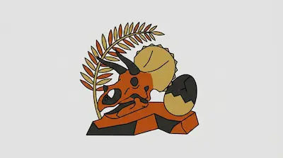 Flat illustration of a triceratops skull, a cracked dinosaur egg, and a fern leaf on a light gray background