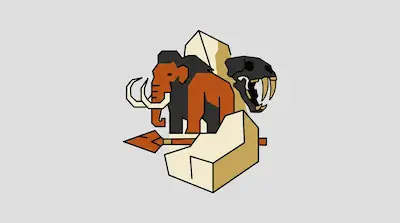 Flat illustration of a woolly mammoth, a saber-toothed tiger skull, and a stone spear against a light gray background