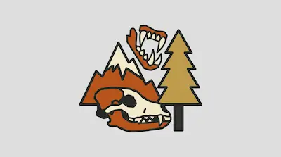 Flat illustration of a wolf skull, a pine tree, and snow-capped mountains in orange and tan tones on a gray background
