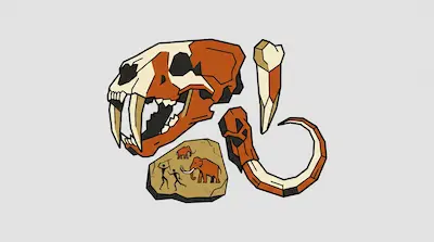 Flat illustration of a saber-toothed tiger skull, a mammoth tusk, and cave art showing hunters on a gray background