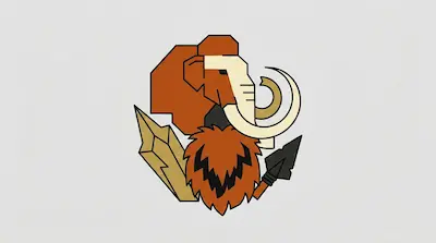 Flat illustration of a geometric woolly mammoth head with curved tusks, a stone spear, and a jagged rock on a gray background