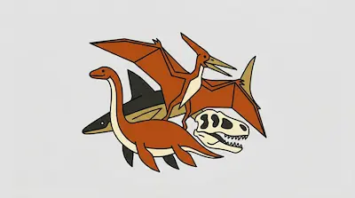 Flat illustration of a pterodactyl, a plesiosaur, and a dinosaur skull in orange and tan tones on a gray background