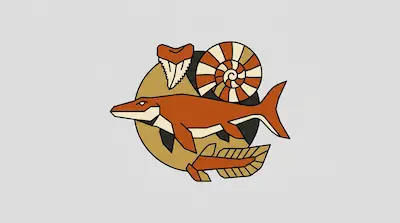 Flat illustration of a mosasaur, an ammonite shell, and a shark tooth arranged in a circle on a gray background