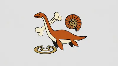 Flat illustration of a plesiosaur dinosaur with a large bone, an ammonite shell, and ripples on a gray background