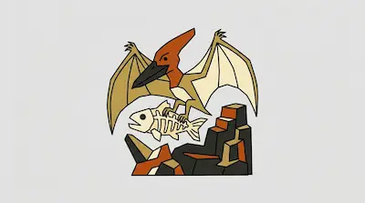Flat illustration of a pterodactyl with spread wings clutching a fish skeleton above jagged rocks on a gray background