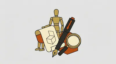 Flat illustration of a wooden mannequin, a fountain pen, and a magnifying glass on a light grey background
