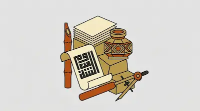 Flat illustration of a bamboo pen, a stack of paper, an inkwell, and a scroll with Kufic calligraphy on a gray background