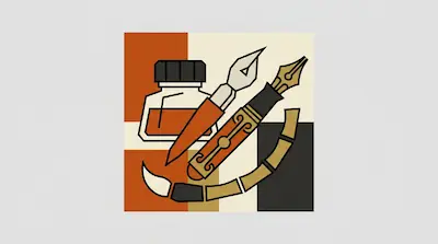 Flat illustration of an ink bottle, two fountain pens, and a paintbrush on a geometric orange and cream background