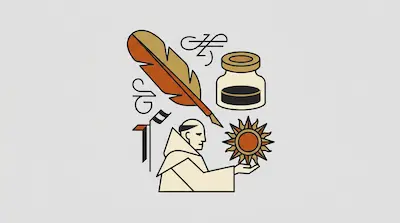 Flat illustration of a monk holding a sun symbol next to a large quill pen and an inkwell on a gray background