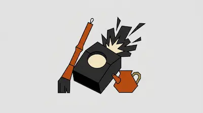 Flat illustration of a black box with an explosion, a wooden brush, and an orange teapot on a grey background