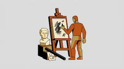 Flat illustration of an artist sketching a bust on an easel using charcoal, featuring bold lines and orange tones.