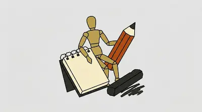 Flat illustration of a wooden mannequin holding a large orange pencil next to a spiral notebook and a charcoal stick