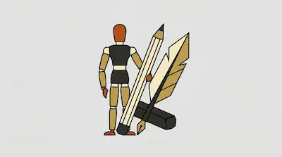 Flat illustration of an artist mannequin standing behind a large pencil, a fountain pen, and a feather quill