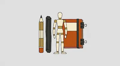 Flat illustration of a pencil, a charcoal stick, a wooden mannequin, and an orange sketchbook on a grey background