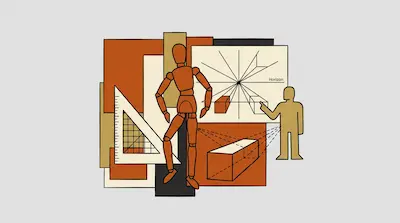 Flat illustration of an artist mannequin, a set square, and perspective diagrams in orange and tan tones