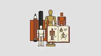 Flat illustration of wooden artist mannequins, a large pencil, and an open sketchbook on a light gray background