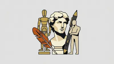 Flat illustration of a classical bust, a wooden mannequin, and a large pen on a light gray background