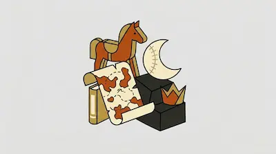 Flat illustration of a wooden horse, a treasure map, and a crescent moon on a light gray background