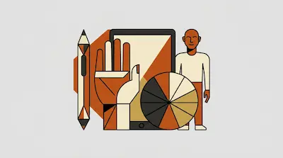 Flat illustration of a man standing next to a tablet, a large hand, a color wheel, and a stylus in earth tones.